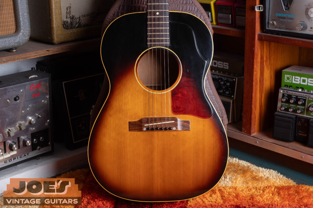 Vintage Gibson LG-1 sunburst acoustic guitar with ladder bracing and tortoise pickguard at Joe's Vintage Guitars.